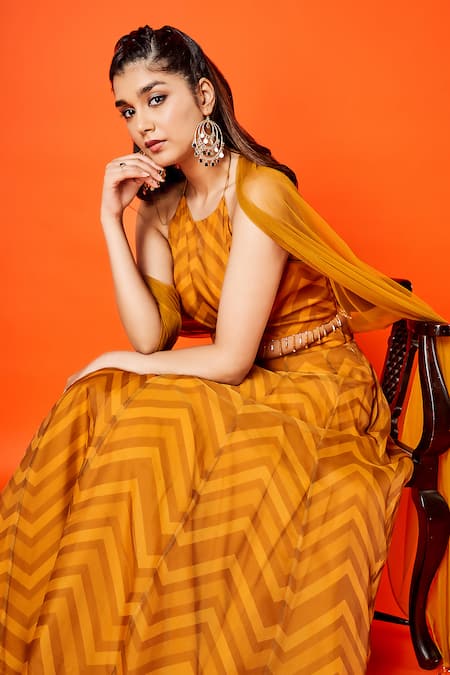 Sammohi By Moksha And Hiral_Yellow Organza, Tulle Halter Neck Clara Chevron Print Lehenga Set _at_Aza_Fashions