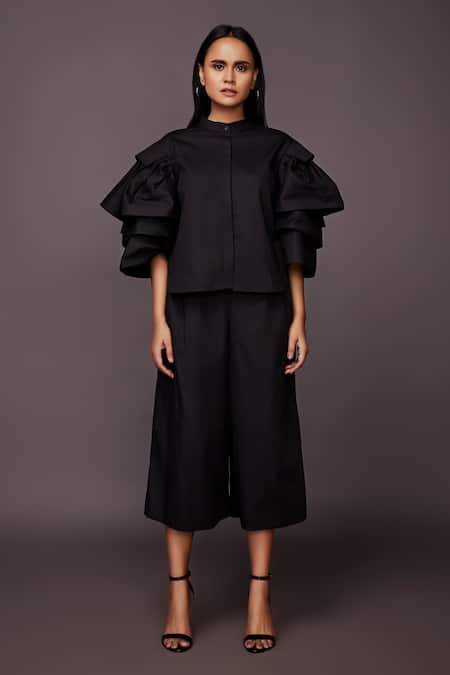 Buy Deepika Arora Black Cotton 3d Flowers Band Collar Applique Work Shirt And Pant Set at Aza Fashions Buy_Deepika Arora_Black Cotton 3d Flowers Band Collar Applique Work Shirt And Pant Set_at_Aza_Fashions