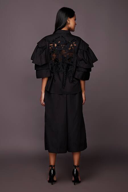 Shop Deepika Arora Black Cotton 3d Flowers Band Collar Applique Work Shirt And Pant Set at Aza Fashions Shop_Deepika Arora_Black Cotton 3d Flowers Band Collar Applique Work Shirt And Pant Set_at_Aza_Fashions