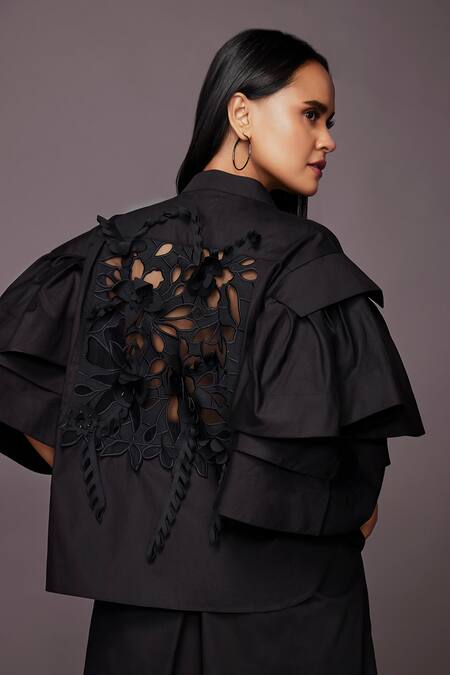 Deepika Arora Black Cotton 3d Flowers Band Collar Applique Work Shirt And Pant Set Online at Aza Fashions Deepika Arora_Black Cotton 3d Flowers Band Collar Applique Work Shirt And Pant Set_Online_at_Aza_Fashions