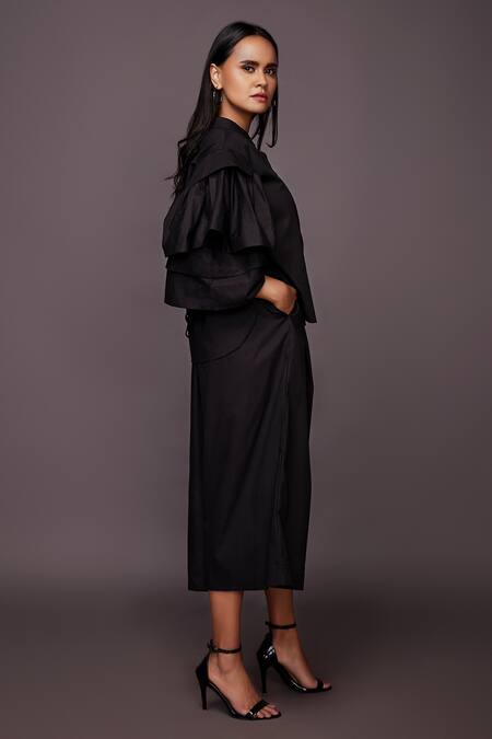 Shop Deepika Arora Black Cotton 3d Flowers Band Collar Applique Work Shirt And Pant Set Online at Aza Fashions Shop_Deepika Arora_Black Cotton 3d Flowers Band Collar Applique Work Shirt And Pant Set_Online_at_Aza_Fashions