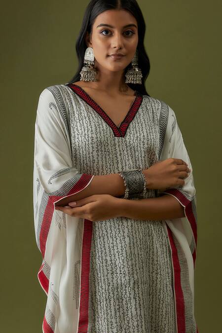 Buy_Sanjev Marwaaha_Ivory Modal Hand Block Printed Abstract V Neck Kaftan And Pant Set_Online_at_Aza_Fashions