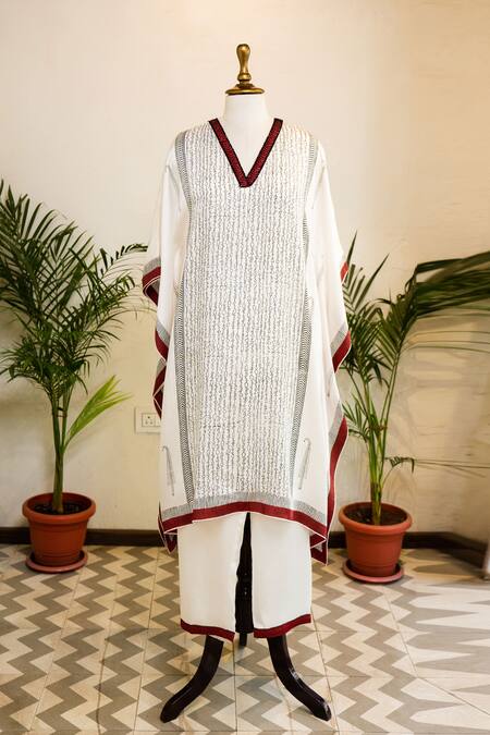 Shop_Sanjev Marwaaha_Ivory Modal Hand Block Printed Abstract V Neck Kaftan And Pant Set_Online_at_Aza_Fashions