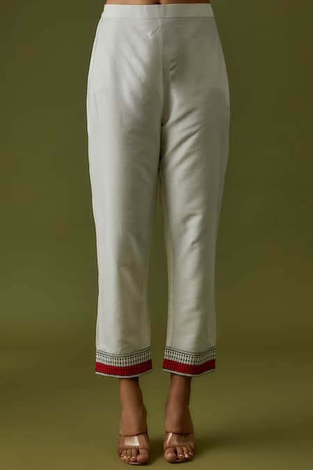 Shop_Sanjev Marwaaha_Ivory Cotton Silk Hand Block Printed Leaf Motifs V Neck Kurta And Pant Set_Online_at_Aza_Fashions