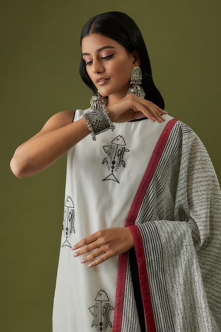 Shop_Sanjev Marwaaha_Ivory Chanderi Hand Block Printed Abstract Fish Motifs Round Kurta And Pant Set_Online_at_Aza_Fashions