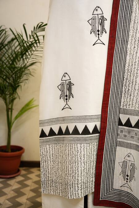 Sanjev Marwaaha_Ivory Chanderi Hand Block Printed Abstract Fish Motifs Round Kurta And Pant Set_at_Aza_Fashions