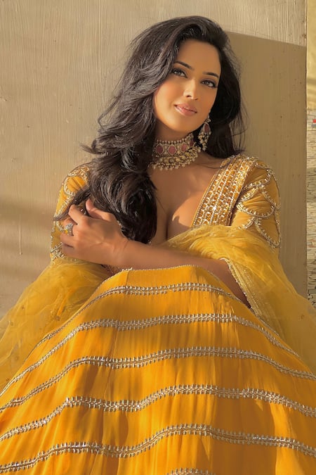 Shop_Irrau By Samir Mantri_Yellow Net, Georgette Thread Work, Beads V Neck Stripe Embroidered Lehenga Set_Online_at_Aza_Fashions