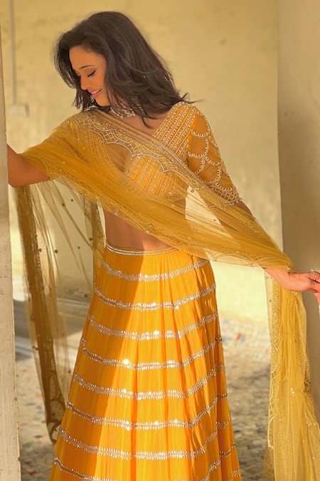 Buy_Irrau By Samir Mantri_Yellow Net, Georgette Thread Work, Beads V Neck Stripe Embroidered Lehenga Set