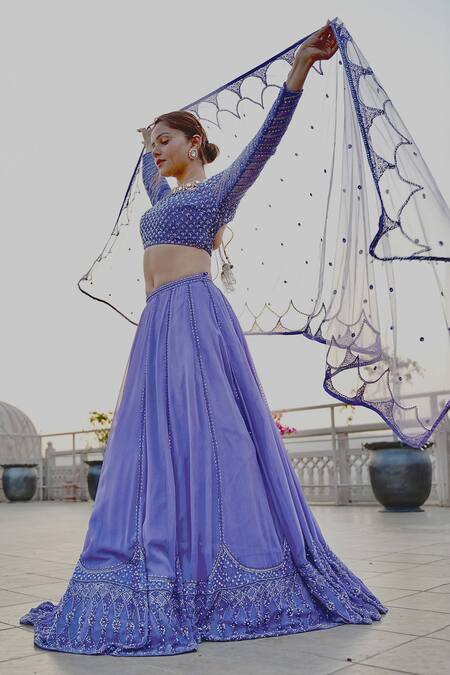 Buy_Irrau By Samir Mantri_Purple Net, Georgette Sequins, Thread Work Embroidered Bridal Lehenga Set