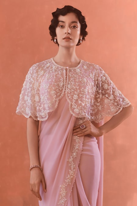 Summer By Priyanka Gupta_Pink Chiffon, Georgette, Net Cut Work, Floral Embroidered Saree Poncho Set_Online_at_Aza_Fashions