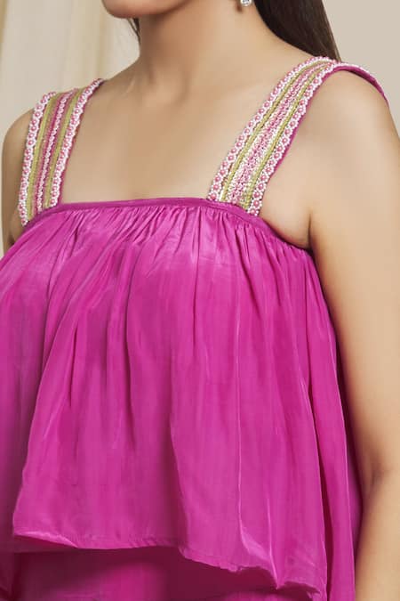 Shop_Divya Kanakia_Pink Crepe, Net Pearls, Sequins Crop Top And Flared Palazzo Set With Dupatta _Online_at_Aza_Fashions