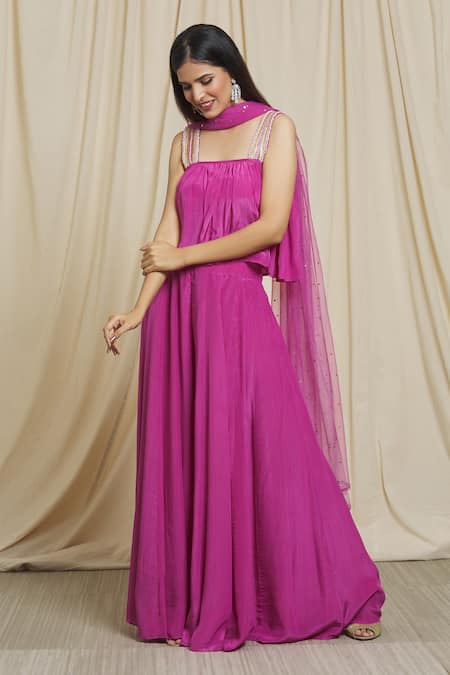 Divya Kanakia_Pink Crepe, Net Pearls, Sequins Crop Top And Flared Palazzo Set With Dupatta _at_Aza_Fashions