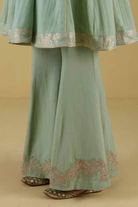 Shop_Inej_Green Rayon Flex Placement Thread Collar Anarkali With Bell Bottom Pant_Online_at_Aza_Fashions