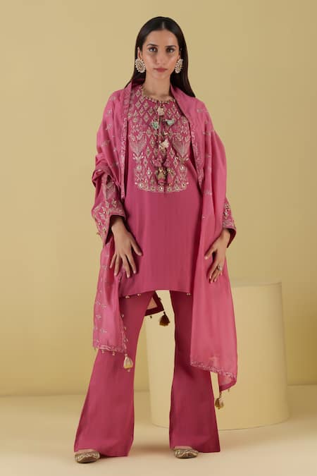 Shop Inej Pink Rayon Tassels Round Dori Embroidered Kashmiri Kurta With Bell Bottom Pant at Aza Fashions Shop_Inej_Pink Rayon Tassels Round Dori Embroidered Kashmiri Kurta With Bell Bottom Pant _at_Aza_Fashions