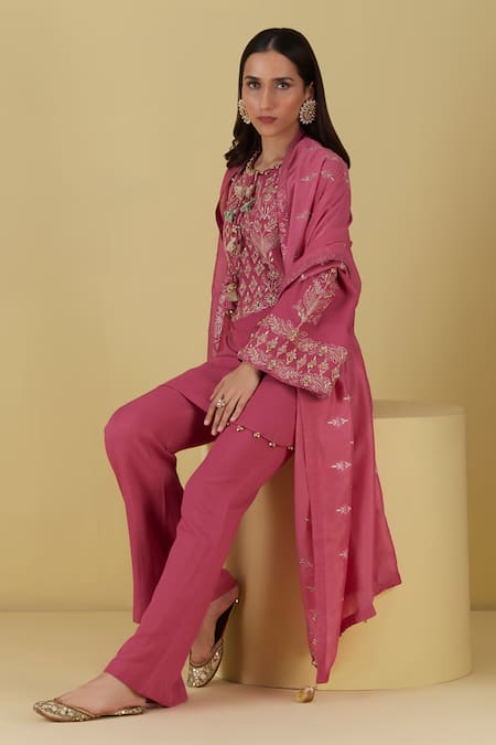 Inej Pink Rayon Tassels Round Dori Embroidered Kashmiri Kurta With Bell Bottom Pant at Aza Fashions Inej_Pink Rayon Tassels Round Dori Embroidered Kashmiri Kurta With Bell Bottom Pant _at_Aza_Fashions