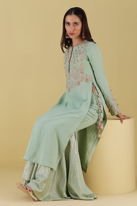 Inej Green Rayon Lace, Embroidery, Tassels Round Neck Floral Yoke Kurta With Gharara Online at Aza Fashions Inej_Green Rayon Lace, Embroidery, Tassels Round Neck Floral Yoke Kurta With Gharara _Online_at_Aza_Fashions