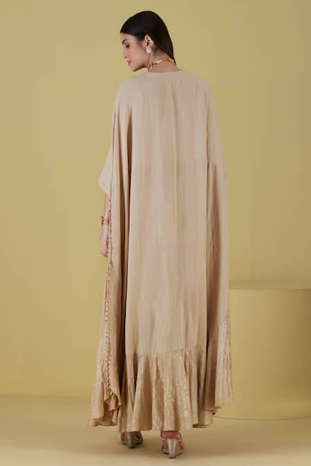 Shop Inej Beige Rayon Beads Round Neck Floral Embroidered Yoke Draped Kurta With Pant at Aza Fashions Shop_Inej_Beige Rayon Beads Round Neck Floral Embroidered Yoke Draped Kurta With Pant _at_Aza_Fashions
