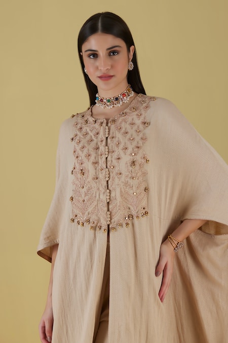 Inej Beige Rayon Beads Round Neck Floral Embroidered Yoke Draped Kurta With Pant Online at Aza Fashions Inej_Beige Rayon Beads Round Neck Floral Embroidered Yoke Draped Kurta With Pant _Online_at_Aza_Fashions