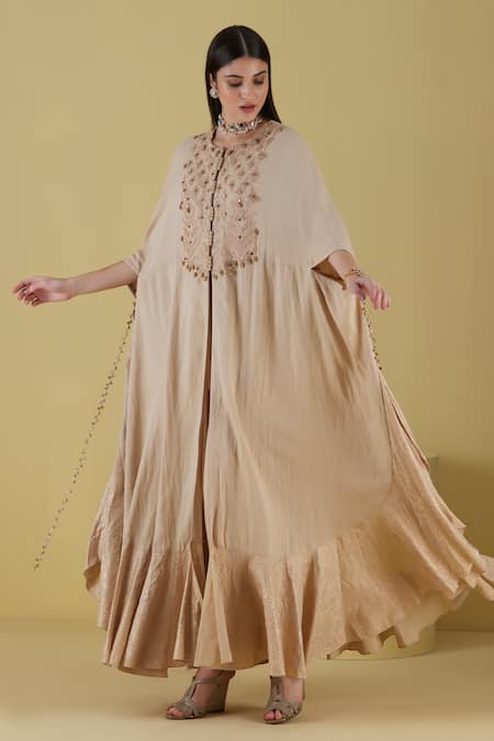 Shop Inej Beige Rayon Beads Round Neck Floral Embroidered Yoke Draped Kurta With Pant Online at Aza Fashions Shop_Inej_Beige Rayon Beads Round Neck Floral Embroidered Yoke Draped Kurta With Pant _Online_at_Aza_Fashions