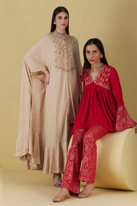 Inej Beige Rayon Beads Round Neck Floral Embroidered Yoke Draped Kurta With Pant at Aza Fashions Inej_Beige Rayon Beads Round Neck Floral Embroidered Yoke Draped Kurta With Pant _at_Aza_Fashions