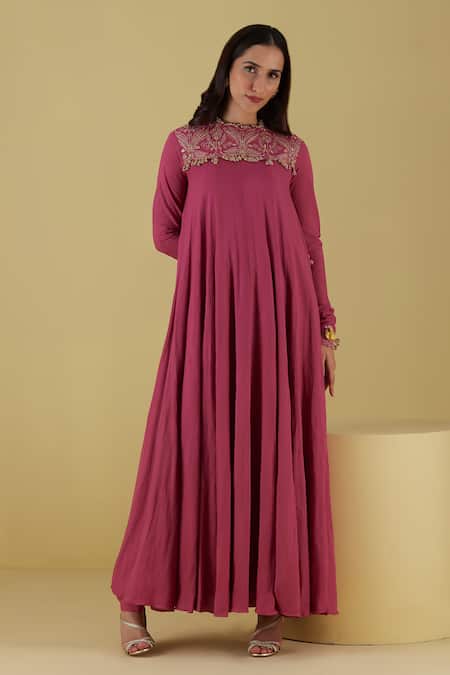 Shop Inej Pink Rayon Tassels Round Placement Floral Embroidered Anarkali With Churidar at Aza Fashions Shop_Inej_Pink Rayon Tassels Round Placement Floral Embroidered Anarkali With Churidar _at_Aza_Fashions