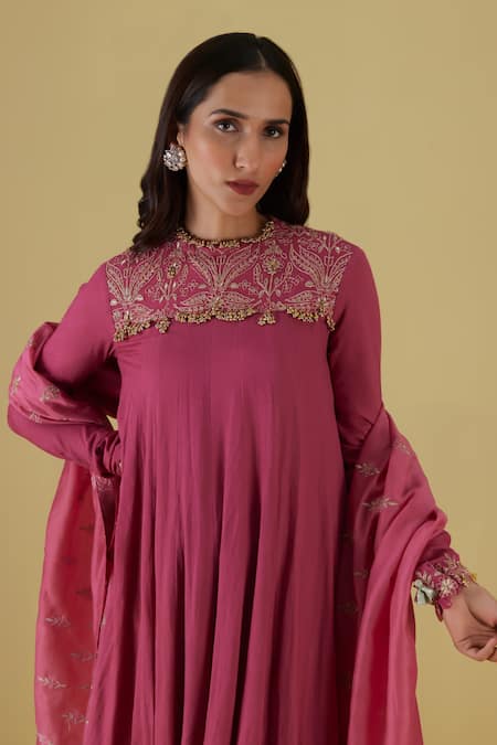 Inej Pink Rayon Tassels Round Placement Floral Embroidered Anarkali With Churidar Online at Aza Fashions Inej_Pink Rayon Tassels Round Placement Floral Embroidered Anarkali With Churidar _Online_at_Aza_Fashions