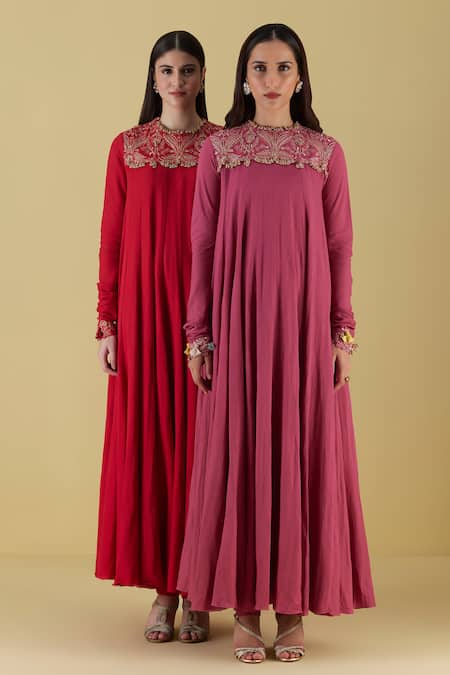 Shop Inej Pink Rayon Tassels Round Placement Floral Embroidered Anarkali With Churidar Online at Aza Fashions Shop_Inej_Pink Rayon Tassels Round Placement Floral Embroidered Anarkali With Churidar _Online_at_Aza_Fashions