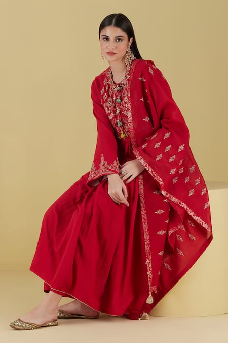 Shop Inej Red Rayon Embroidery Round Neck Floral Yoke Anarkali With Palazzo at Aza Fashions Shop_Inej_Red Rayon Embroidery Round Neck Floral Yoke Anarkali With Palazzo _at_Aza_Fashions