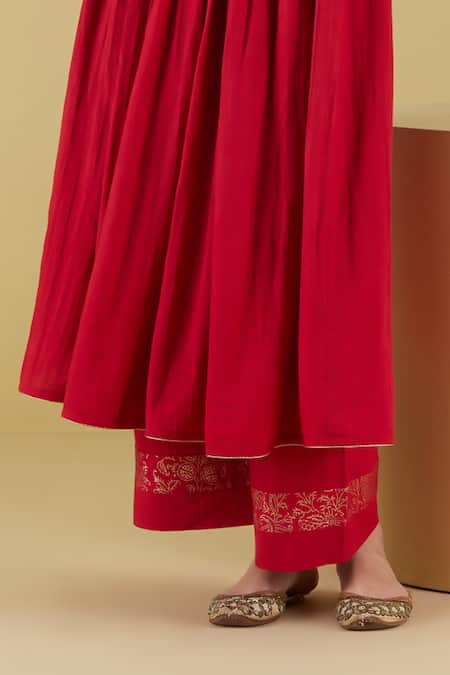 Inej Red Rayon Embroidery Round Neck Floral Yoke Anarkali With Palazzo Online at Aza Fashions Inej_Red Rayon Embroidery Round Neck Floral Yoke Anarkali With Palazzo _Online_at_Aza_Fashions