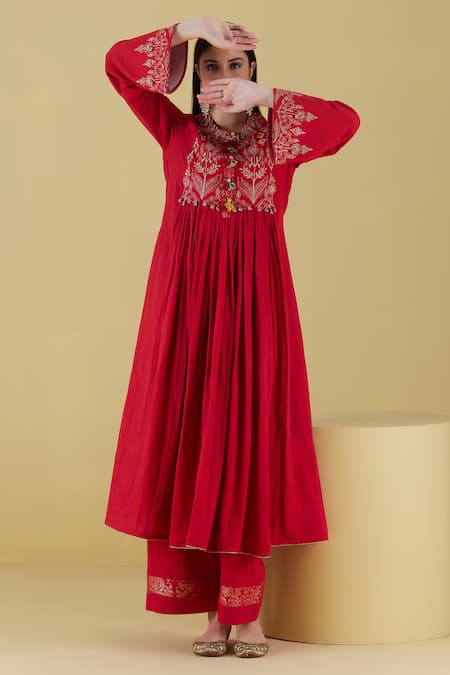 Buy Inej Red Rayon Embroidery Round Neck Floral Yoke Anarkali With Palazzo Online at Aza Fashions Buy_Inej_Red Rayon Embroidery Round Neck Floral Yoke Anarkali With Palazzo _Online_at_Aza_Fashions