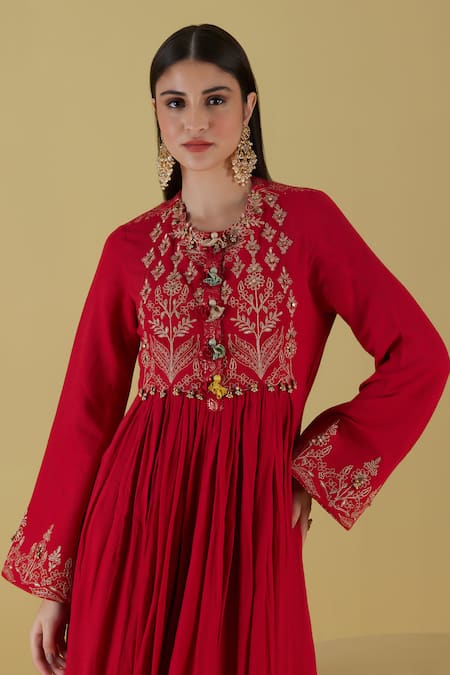 Shop Inej Red Rayon Embroidery Round Neck Floral Yoke Anarkali With Palazzo Online at Aza Fashions Shop_Inej_Red Rayon Embroidery Round Neck Floral Yoke Anarkali With Palazzo _Online_at_Aza_Fashions