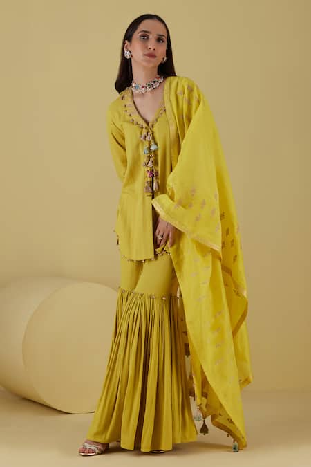 Shop Inej Yellow Rayon Tassels, Embroidery Collared Floral Tunic With Gharara at Aza Fashions Shop_Inej_Yellow Rayon Tassels, Embroidery Collared Floral Tunic With Gharara _at_Aza_Fashions
