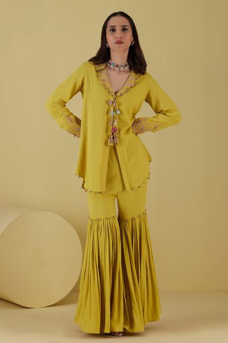 Inej Yellow Rayon Tassels, Embroidery Collared Floral Tunic With Gharara Online at Aza Fashions Inej_Yellow Rayon Tassels, Embroidery Collared Floral Tunic With Gharara _Online_at_Aza_Fashions