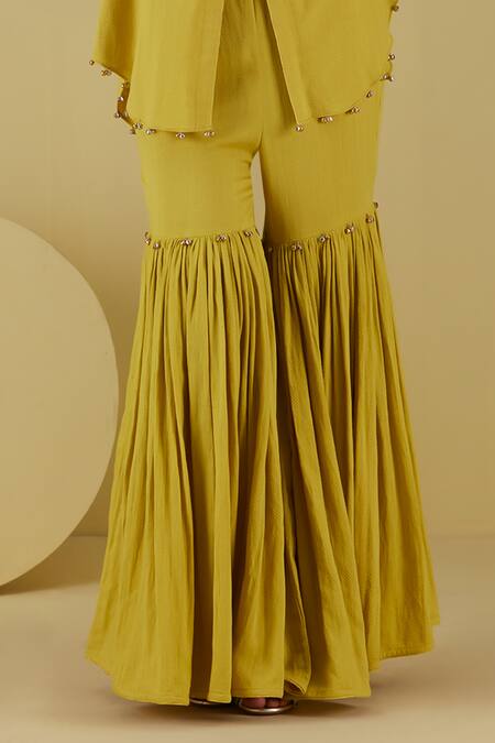 Buy Inej Yellow Rayon Tassels, Embroidery Collared Floral Tunic With Gharara Online at Aza Fashions Buy_Inej_Yellow Rayon Tassels, Embroidery Collared Floral Tunic With Gharara _Online_at_Aza_Fashions