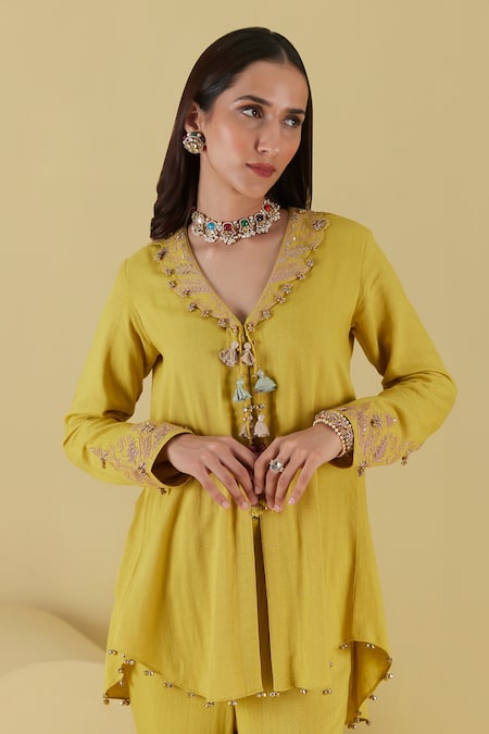 Shop Inej Yellow Rayon Tassels, Embroidery Collared Floral Tunic With Gharara Online at Aza Fashions Shop_Inej_Yellow Rayon Tassels, Embroidery Collared Floral Tunic With Gharara _Online_at_Aza_Fashions