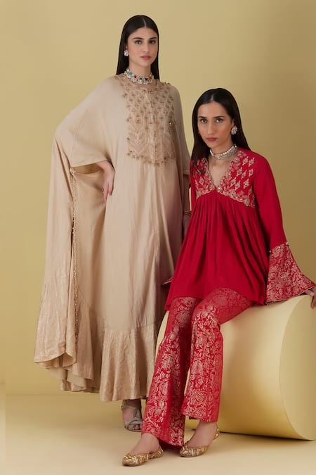 Shop Inej Red Rayon Embroidery, Foil Printing Yoke Gathered Tunic With Bell Bottom Pant at Aza Fashions Shop_Inej_Red Rayon Embroidery, Foil Printing Yoke Gathered Tunic With Bell Bottom Pant _at_Aza_Fashions