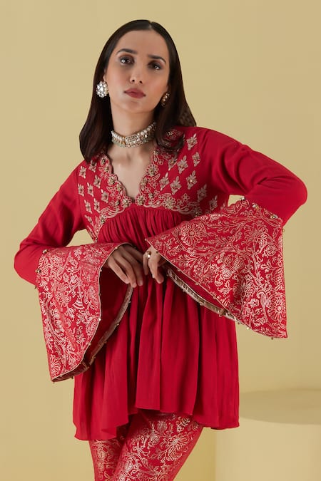 Inej Red Rayon Embroidery, Foil Printing Yoke Gathered Tunic With Bell Bottom Pant Online at Aza Fashions Inej_Red Rayon Embroidery, Foil Printing Yoke Gathered Tunic With Bell Bottom Pant _Online_at_Aza_Fashions