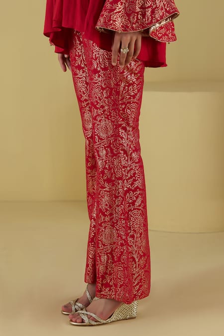 Buy Inej Red Rayon Embroidery, Foil Printing Yoke Gathered Tunic With Bell Bottom Pant Online at Aza Fashions Buy_Inej_Red Rayon Embroidery, Foil Printing Yoke Gathered Tunic With Bell Bottom Pant _Online_at_Aza_Fashions