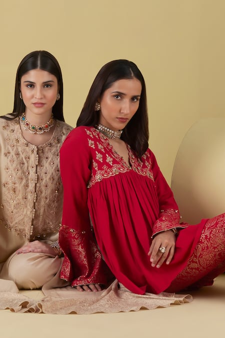 Shop Inej Red Rayon Embroidery, Foil Printing Yoke Gathered Tunic With Bell Bottom Pant Online at Aza Fashions Shop_Inej_Red Rayon Embroidery, Foil Printing Yoke Gathered Tunic With Bell Bottom Pant _Online_at_Aza_Fashions