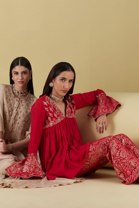 Inej Red Rayon Embroidery, Foil Printing Yoke Gathered Tunic With Bell Bottom Pant at Aza Fashions Inej_Red Rayon Embroidery, Foil Printing Yoke Gathered Tunic With Bell Bottom Pant _at_Aza_Fashions