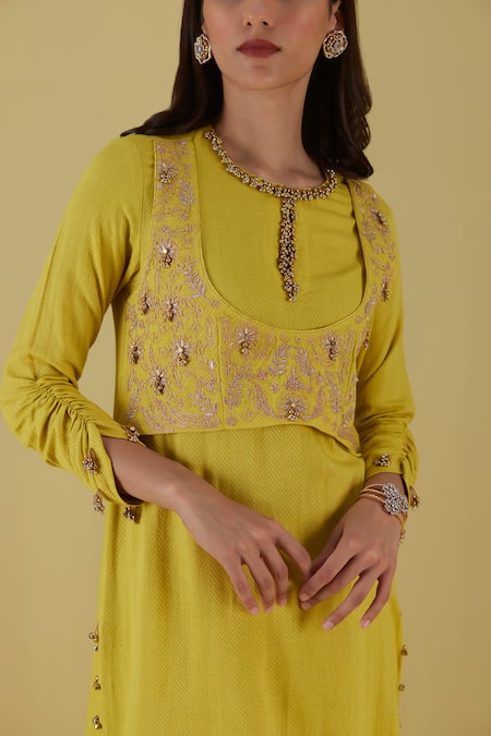 Inej Yellow Rayon Bows Round Embroidered Mock Waistcoat Tunic With Bell Bottom Pant Online at Aza Fashions Inej_Yellow Rayon Bows Round Embroidered Mock Waistcoat Tunic With Bell Bottom Pant _Online_at_Aza_Fashions