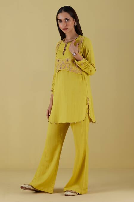 Shop Inej Yellow Rayon Bows Round Embroidered Mock Waistcoat Tunic With Bell Bottom Pant Online at Aza Fashions Shop_Inej_Yellow Rayon Bows Round Embroidered Mock Waistcoat Tunic With Bell Bottom Pant _Online_at_Aza_Fashions