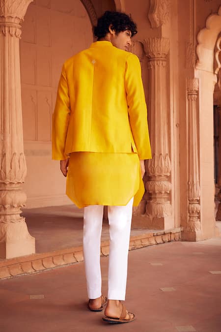 Shop Seema Nanda Yellow Chanderi Silk, Cotton, Lycra Embroidery Floral Bundi And Kurta Set at Aza Fashions Shop_Seema Nanda_Yellow Chanderi Silk, Cotton, Lycra Embroidery Floral Bundi And Kurta Set _at_Aza_Fashions