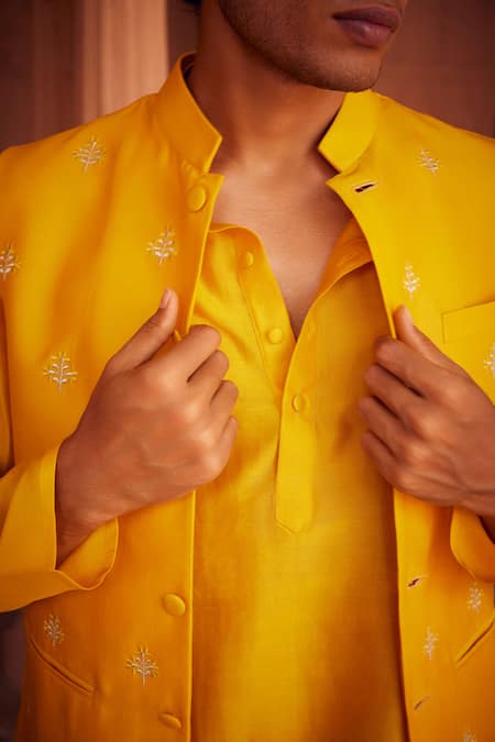 Seema Nanda Yellow Chanderi Silk, Cotton, Lycra Embroidery Floral Bundi And Kurta Set Online at Aza Fashions Seema Nanda_Yellow Chanderi Silk, Cotton, Lycra Embroidery Floral Bundi And Kurta Set _Online_at_Aza_Fashions