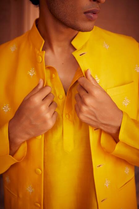 Buy Seema Nanda Yellow Chanderi Silk, Cotton, Lycra Embroidery Floral Bundi And Kurta Set Online at Aza Fashions Buy_Seema Nanda_Yellow Chanderi Silk, Cotton, Lycra Embroidery Floral Bundi And Kurta Set _Online_at_Aza_Fashions