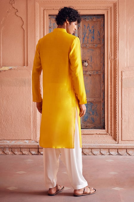 Shop Seema Nanda Yellow Chanderi Silk, Cotton Satin Embroidery Pintucked Kurta Pant Set at Aza Fashions Shop_Seema Nanda_Yellow Chanderi Silk, Cotton Satin Embroidery Pintucked Kurta Pant Set _at_Aza_Fashions