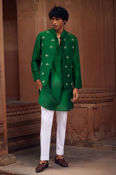 Seema Nanda Green Chanderi Silk Embroidery Floral Safi Bundi And Kurta Set 