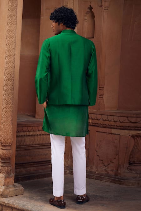 Shop Seema Nanda Green Cotton, Lycra, Chanderi Silk Embroidery Floral Bundi Kurta Set at Aza Fashions Shop_Seema Nanda_Green Cotton, Lycra, Chanderi Silk Embroidery Floral Bundi Kurta Set _at_Aza_Fashions