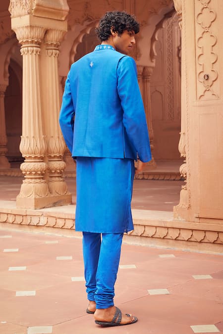 Shop Seema Nanda Blue Chanderi Silk, Cotton, Lycra Embroidery Floral Bundi Kurta Set at Aza Fashions Shop_Seema Nanda_Blue Chanderi Silk, Cotton, Lycra Embroidery Floral Bundi Kurta Set _at_Aza_Fashions