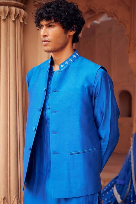 Buy Seema Nanda Blue Chanderi Silk, Cotton, Lycra Embroidery Floral Bundi Kurta Set Online at Aza Fashions Buy_Seema Nanda_Blue Chanderi Silk, Cotton, Lycra Embroidery Floral Bundi Kurta Set _Online_at_Aza_Fashions